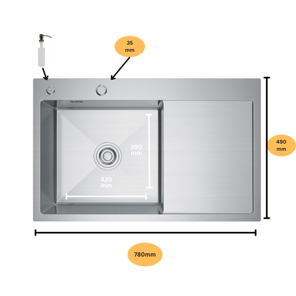 Zlewozmywak Kuchenny Stalowy 78x49 z Ociekaczem po prawej stronie