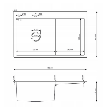 Single bowl sink with drainer 78x49cm L Gold PVD from Velazo.