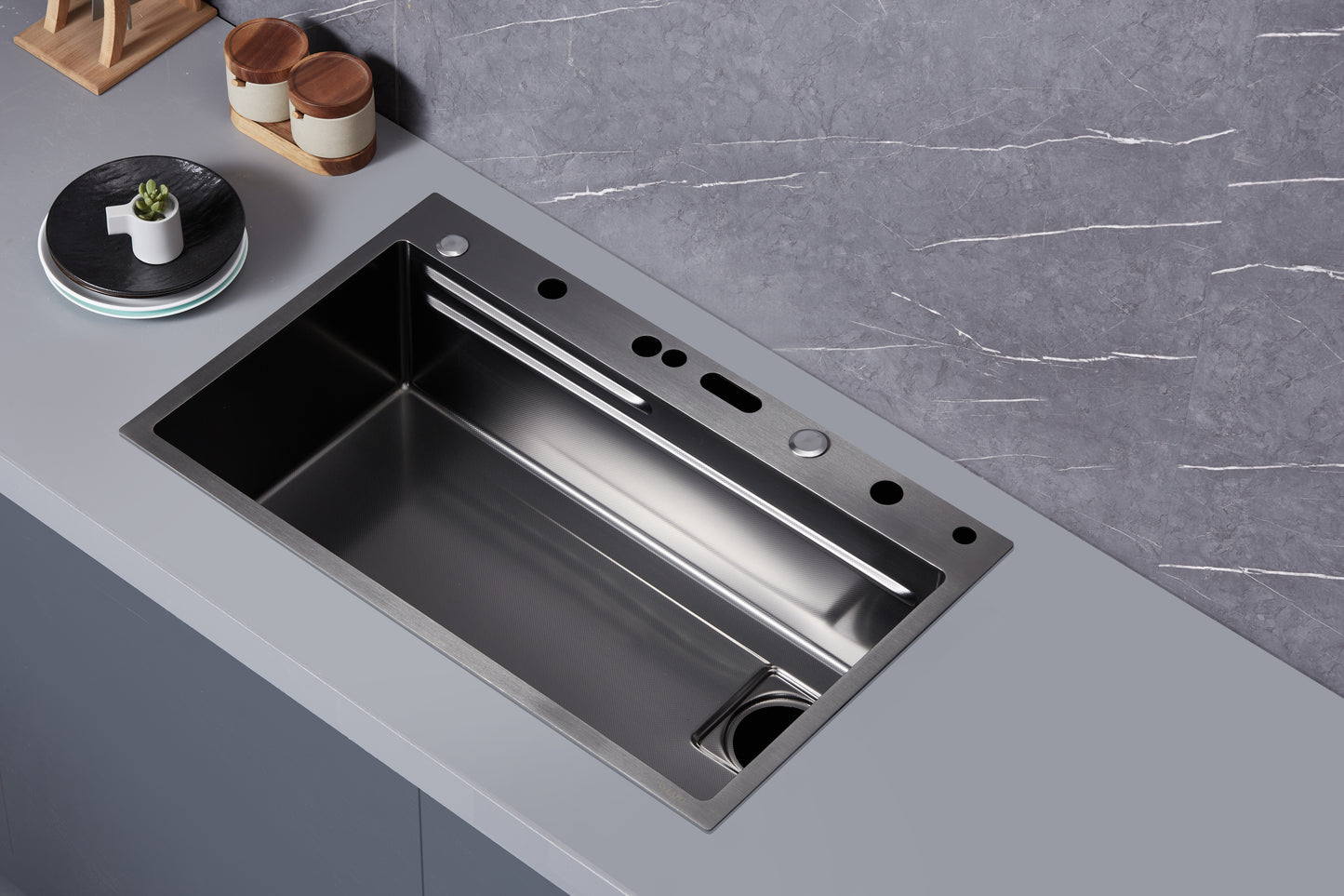 Single-bowl steel sink with double waterfall and digital temperature display and LED lighting 75x46cm VELAZO.