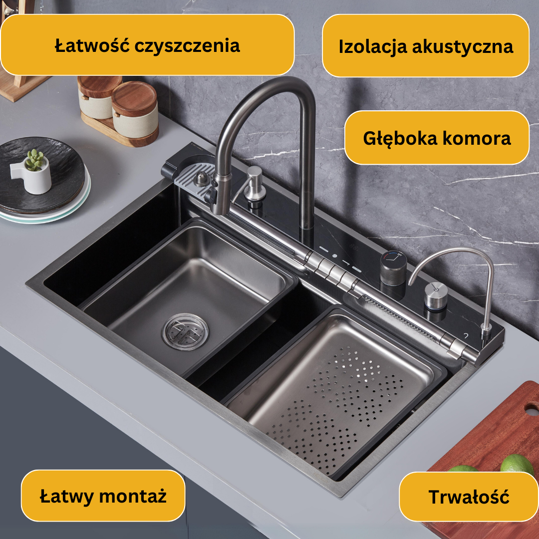 Single-bowl steel sink with double waterfall and digital temperature display and LED lighting 75x46cm VELAZO.