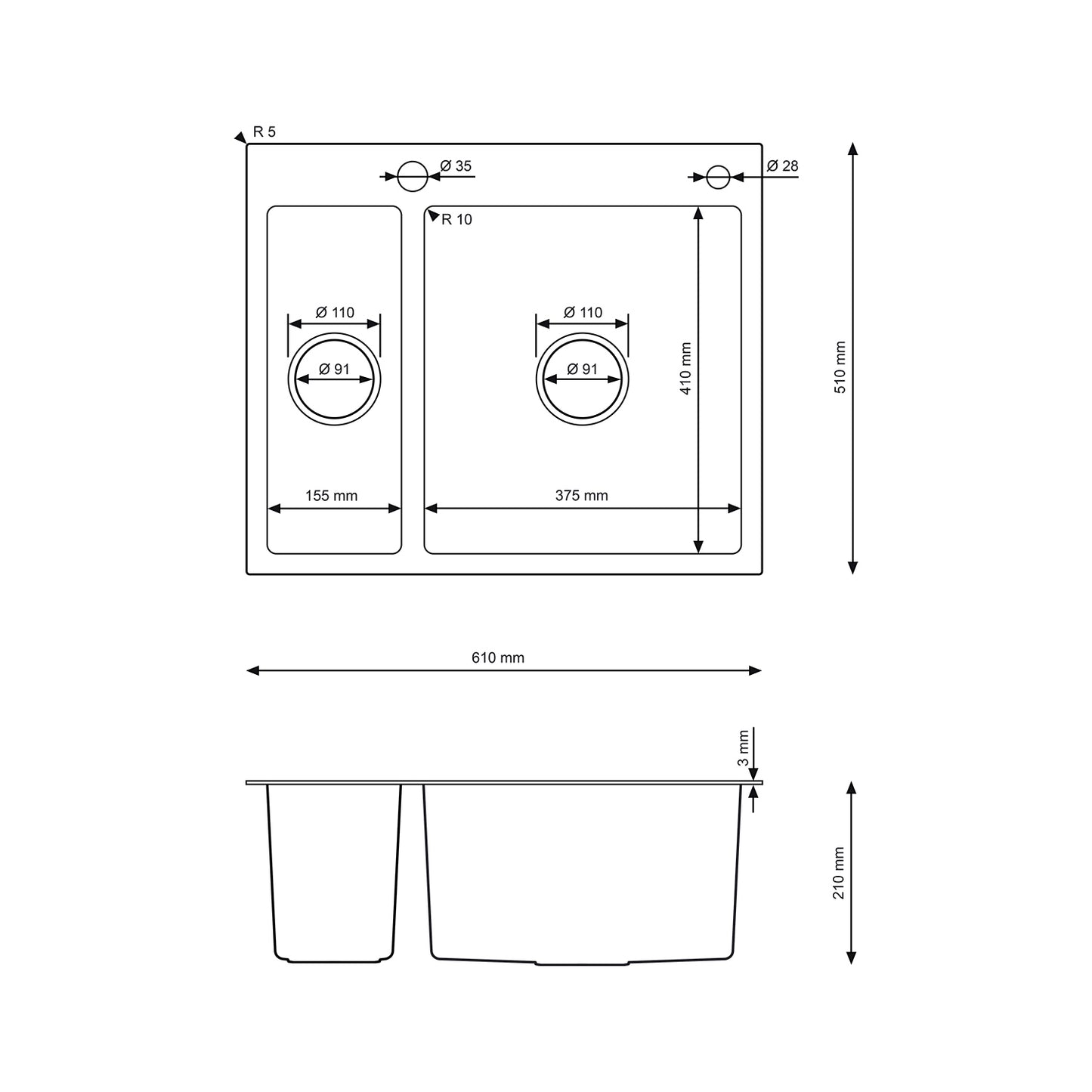 Stalowy Zlewozmywak Półtorakomorowy 61x51 Inox z Syfonem