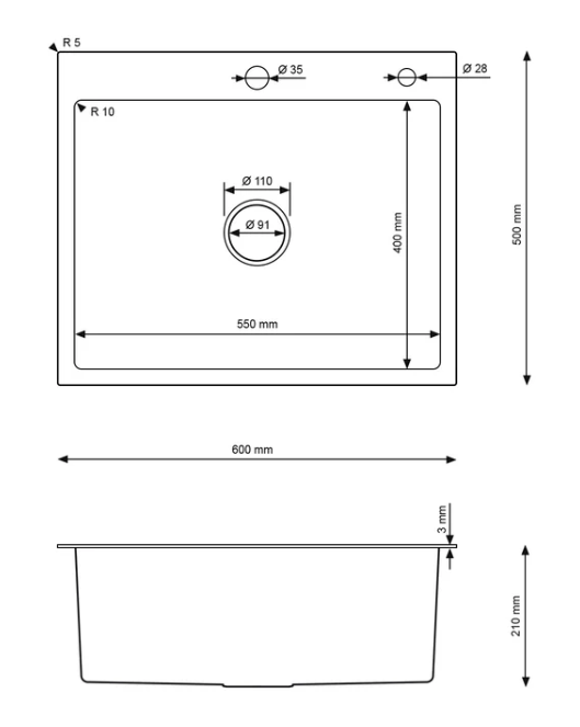 Single-bowl steel PVD sink, black - 60x50cm from Velazo.