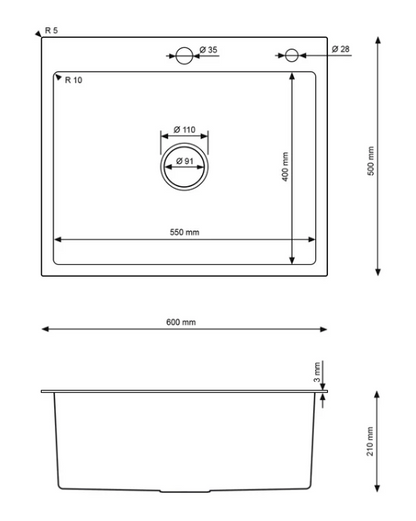 Single-bowl steel PVD sink, black - 60x50cm from Velazo.