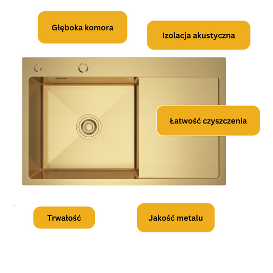 Jednodřezový dřez s odkapávačem 78x49cm L Gold PVD od Velazo.